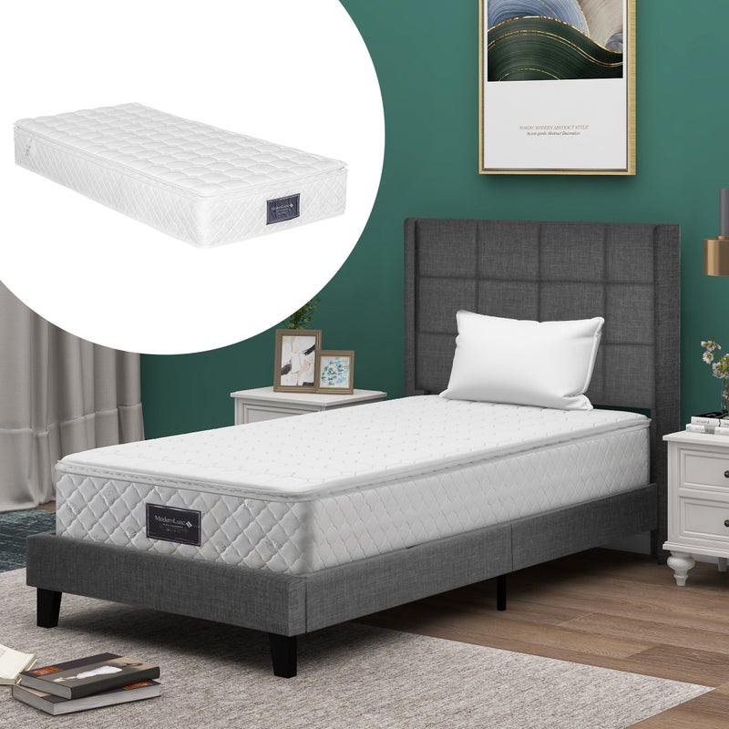 Nowoczesne pojedyncze łóżko tapicerowane 90 x 200 cm z wezgłowiem - podstawa z listew - pościel - szary - materac w zestawie