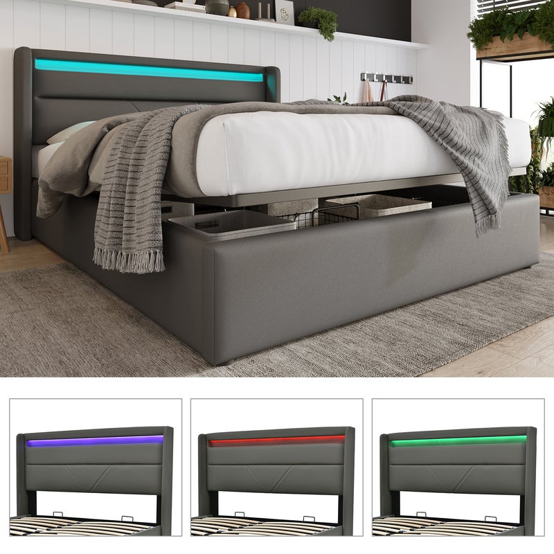 Podwójne łóżko skrzyniowe z podświetleniem LED, Podwójne łóżko Rama łóżka Łóżko tapicerowane 140x200cm, Funkcjonalne łóżko, Szary (z materacem)