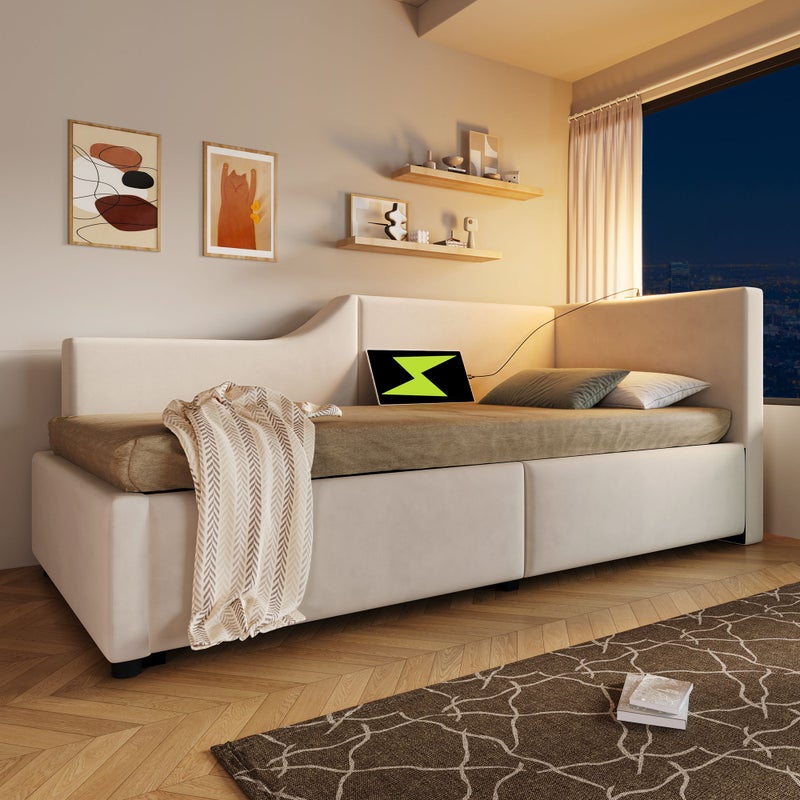 Tapicerowane łóżko dzienne 90x200 cm, rozkładana sofa z funkcją lampki do czytania i ładowaniem przez USB-C, beżowy