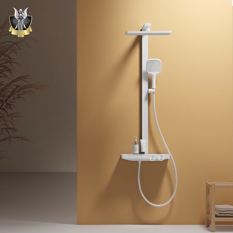 EMKE Kolumna prysznicowa z baterią termostatyczną, regulowany przepływ wody, 4-stopniowa słuchawka prysznicowa, Biały