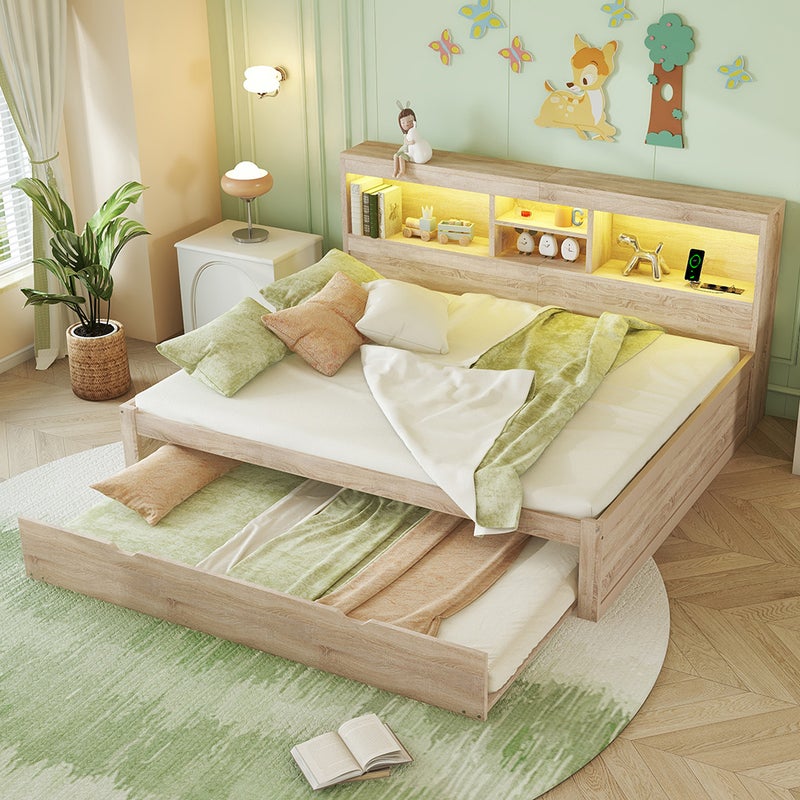 Sofa rozkładana, 140*200cm, Zdalnie sterowane oświetlenie nastrojowe, Szafka nocna, Gniazdo + USB, Naturalny