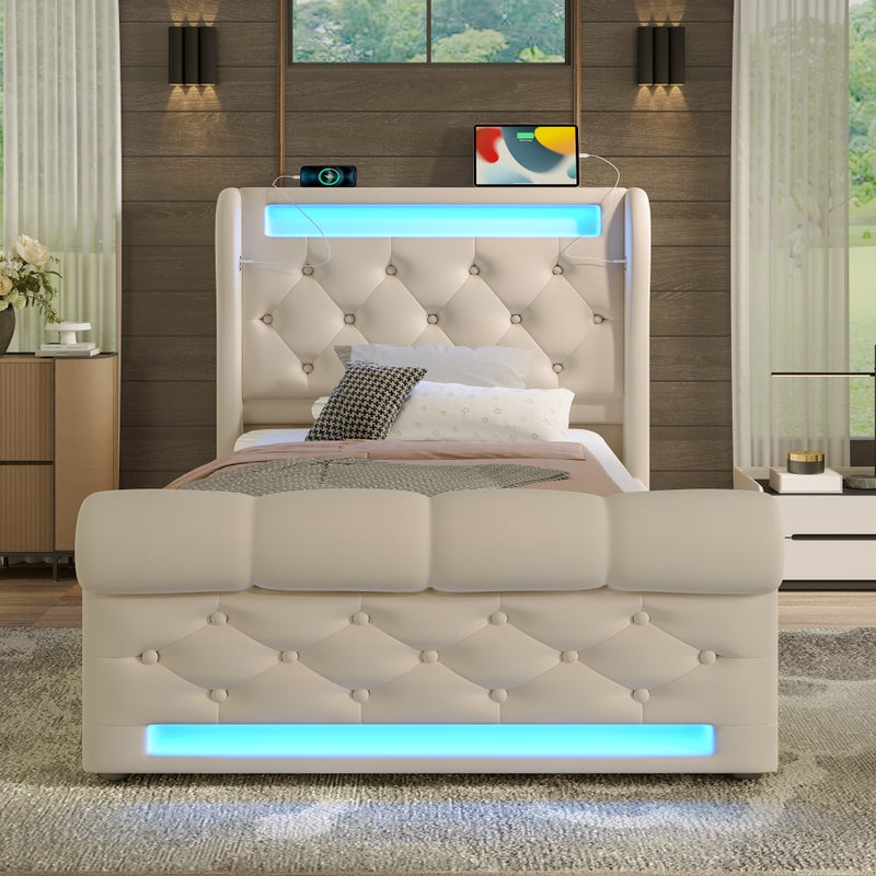 Pojedyncze łóżko dla dorosłych 90 x 200 cm, z oświetleniem LED, portami USB i Type-C, systemem hydraulicznym, beżowe, aksamitne