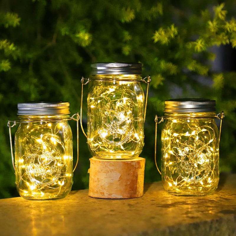 Zestaw 3 zewnętrznych lamp solarnych - 30 lamp solarnych LED do ogrodu, wodoodpornych (IP65), do zawieszenia w słoiku Masona i dekoracji ogrodu