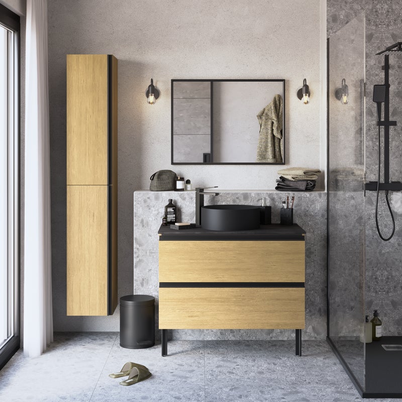 Szafka stojąca Studio z czarną umywalką nablatową Capsule i blatem 90 cm Sensea
