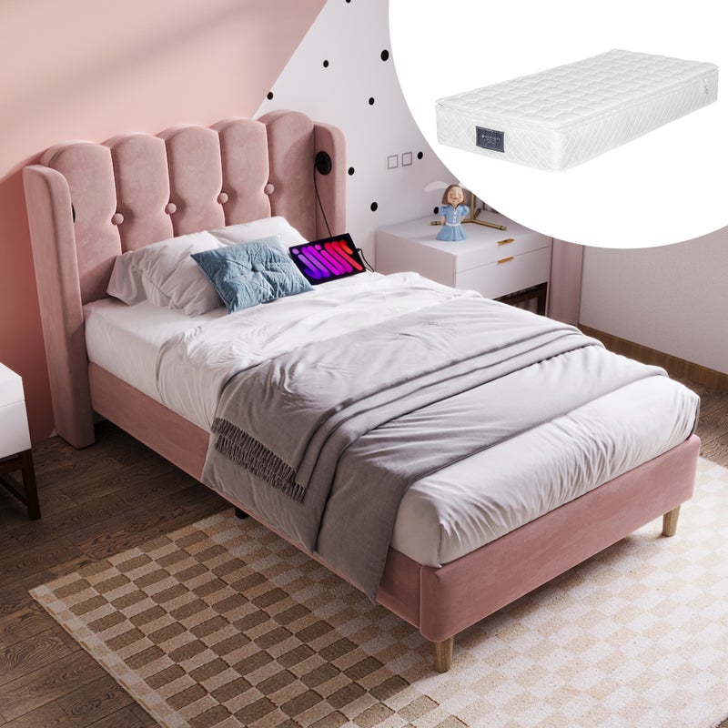 Łóżko tapicerowane Rose 90 x 200 cm z funkcją ładowania przez USB typu C rama łóżka z listwową podstawą (z materacem)