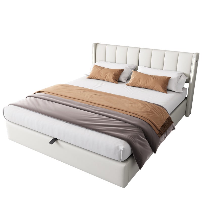 Białe łóżko softback o wymiarach 140 x 200 cm, ładowany port USB na łóżku z oświetleniem LED i schowkiem, regulowane wezgłowie