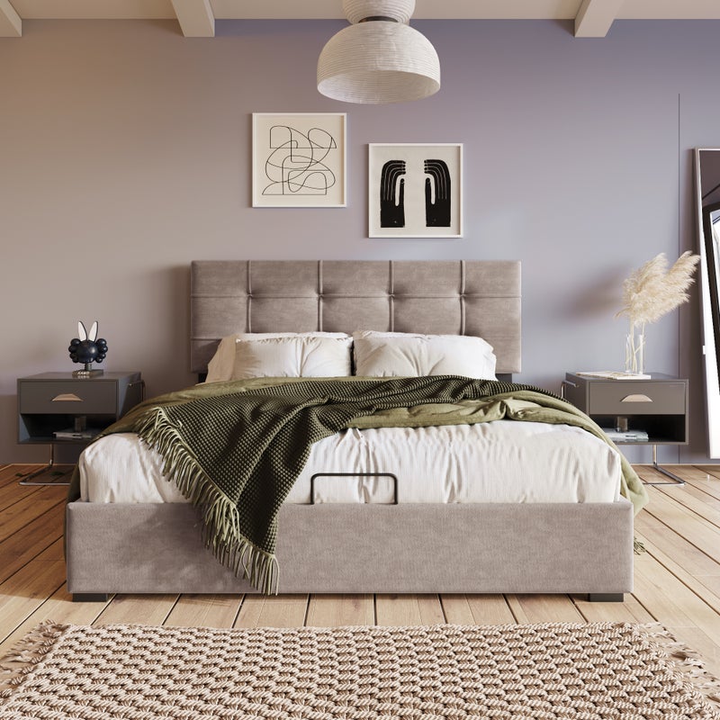 Tapicerowane łóżko hydrauliczne 140X200cm - Regulowane wezgłowie - Metalowa podstawa - Aksamit - Schowek - Jasnoszary