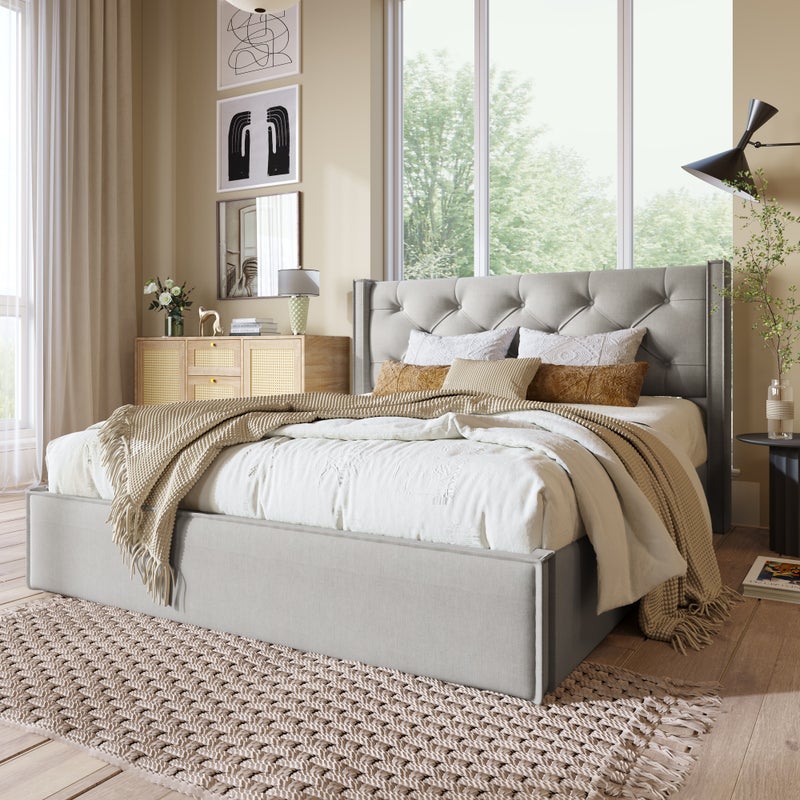 Łóżko podwójne tapicerowane hydraulicznie 160 x 200 cm - Nowoczesna metalowa rama - Podstawa z listew ze schowkiem - Jasnoszary - Bez materaca