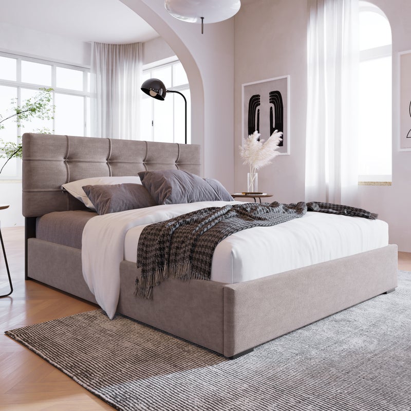 Łóżko tapicerowane podwójne 90 x 200 cm - regulowane wezgłowie - metalowa podstawa - schowek - materac w zestawie - aksamit - jasnoszary