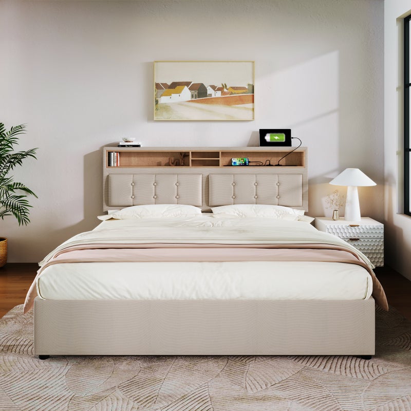 Łóżko podwójne Rembourré - 160 X 200 cm - Avec Prise Usb C Et Espace De Rangement - Tête De Lit En Lin - Beige- Sans Matelas