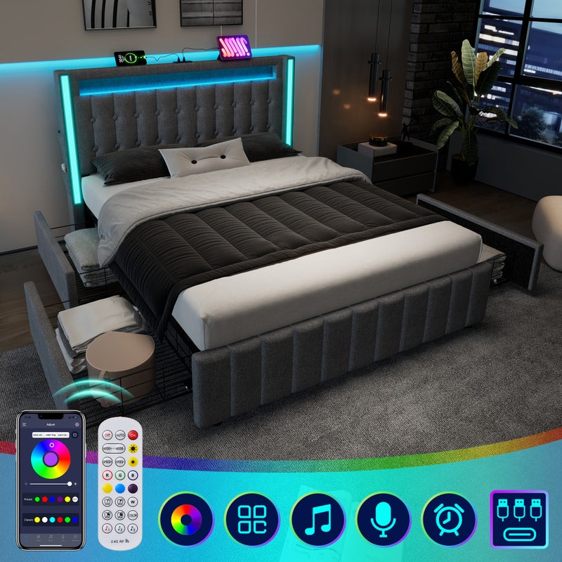 Łóżko dla dorosłych, podwójnie tapicerowane, z ładowarką USB typu C, oświetleniem LED i 4 szufladami, 140 x 200 cm, szare (bez materaca)