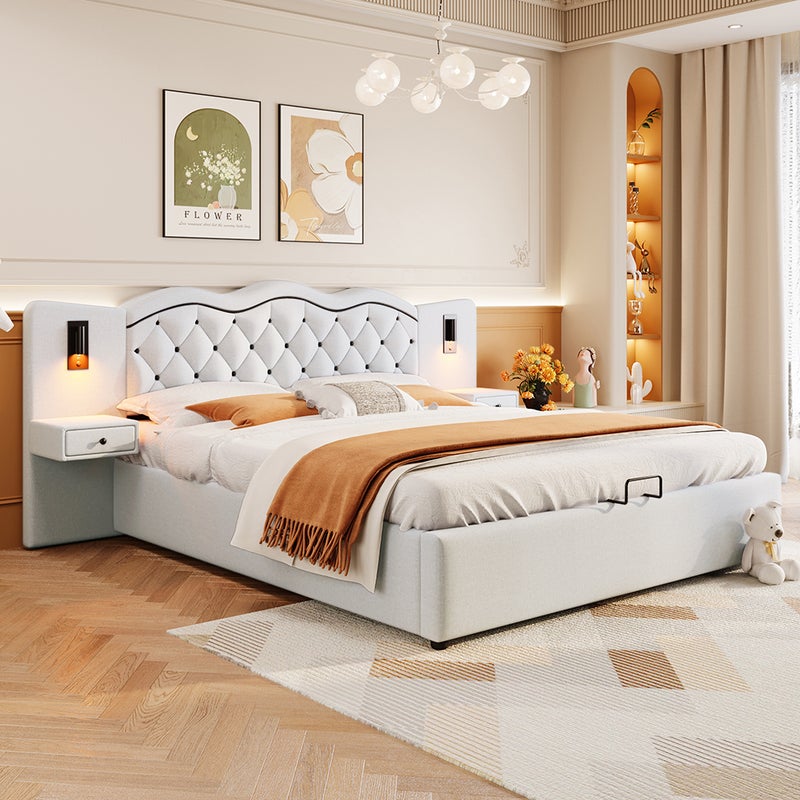 180 * 200 cm pikowane płaskie łóżko, hydrauliczny mechanizm podnoszenia, interfejs USB, dwie lampki nocne, beżowy