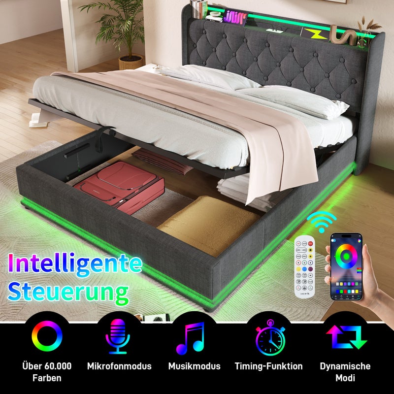 Łóżko dla dorosłych, podwójne 160*200 cm, funkcja 360 surround LED, szara tkanina lniana z ładowarką USB Type-C