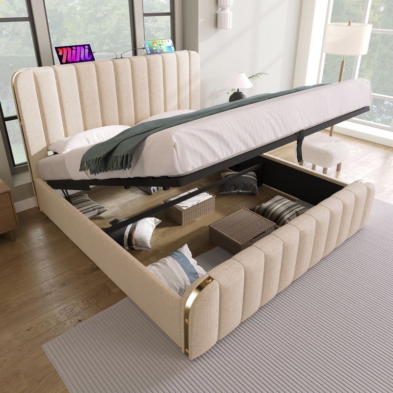 Łóżko dla dorosłych, podwójne 160*200 cm, ze złotym wykończeniem i ładowarką USB typu C, beżowa tkanina lniana, hydrauliczne łóżko do przechowywania.