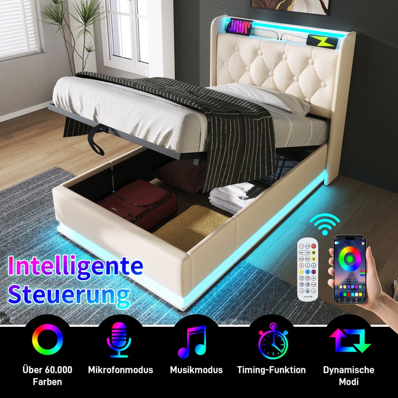 Łóżko dla dorosłych, tapicerowane łóżko pojedyncze 90*200 cm, funkcja 360 surround LED, białe, materiał PU, z funkcją ładowania USB Type-C.