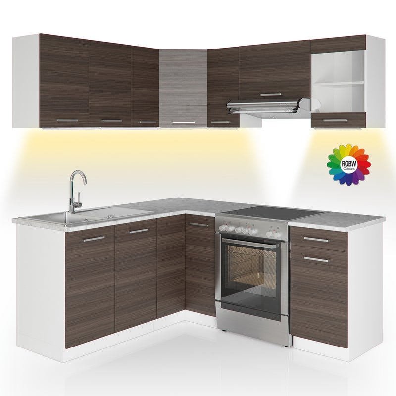 Vicco Kuchnia narożna Rick, Szlachetny szary/biały, 187 x 60 cm , BP Marmur z taśmą LED