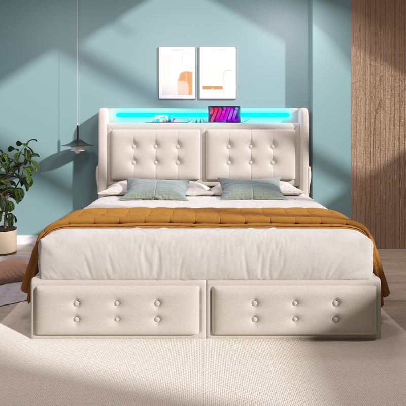 Łóżko tapicerowane dwuosobowe 140x200 z zagłówkiem LED i ładowarką USB C + 4 szuflady, beżowe, bez materaca