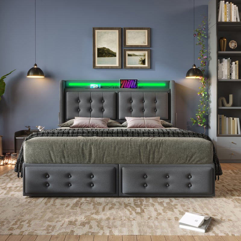 Łóżko tapicerowane 140x200 z zagłówkiem LED i ładowarką USB C + 4 szuflady, szare (bez materaca)