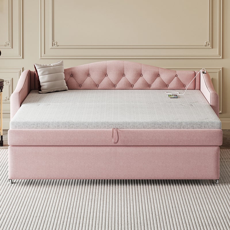 Łóżko tapicerowane, rozkładana sofa 90*200 cm, z portem USB, klasyczny design z guzikami, pościel, różowy