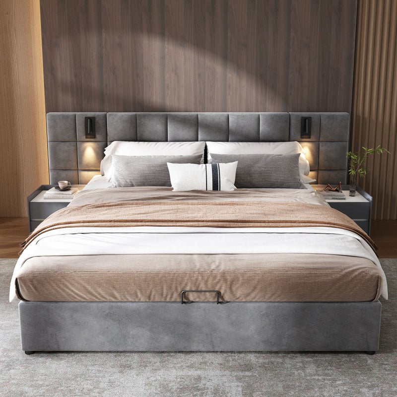 Hydrauliczne łóżko do przechowywania 140*200 cm, z oświetleniem kierunkowym i ładowarką USB, bez zagłówka, aksamitne, szare