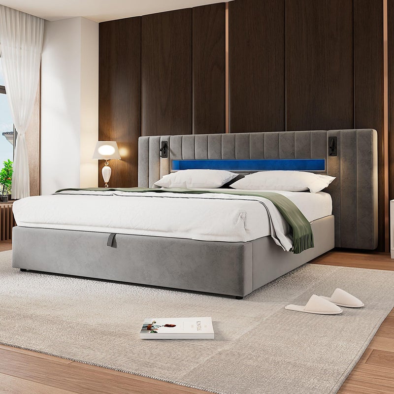 Łóżko dla dorosłych 180 x 200 cm, z portem USB, z oświetleniem LED, lampką nocną, schowkiem, aksamitne, szare