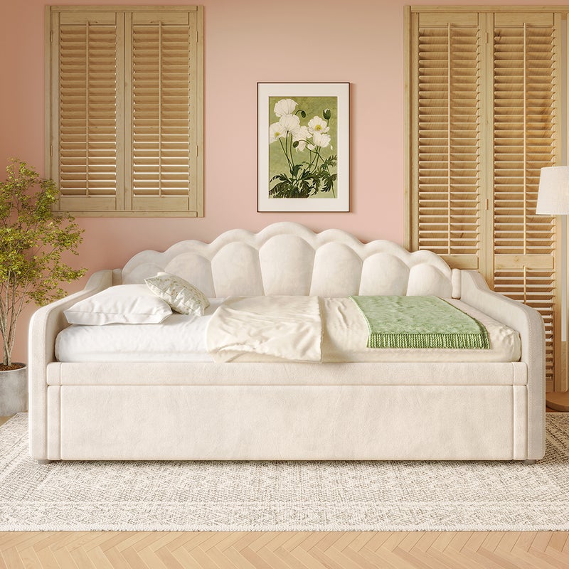 Łóżko dzienne z pojemnikiem na pościel, rozkładana sofa, łóżko pojedyncze, aksamit, taśma LED zmieniająca kolor, 90x200 cm (180x200 cm), beżowy