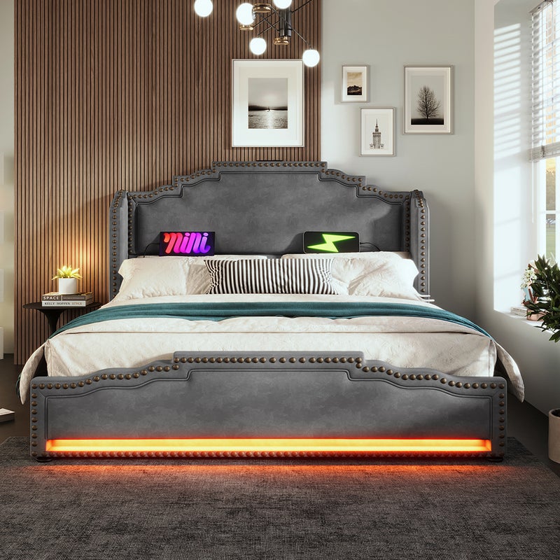 Łóżko tapicerowane 140 x 200, podwójne z 4 szufladami, oświetleniem LED i portem ładowania USB-C, aksamitne, szare, bez materaca.
