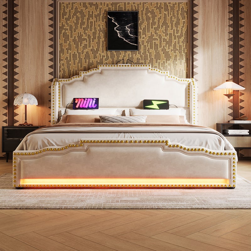 Łóżko tapicerowane 140 x 200, z 4 szufladami, oświetleniem LED i portem ładowania USB-C, łóżko do przechowywania, aksamitne, beżowe, bez materaca.