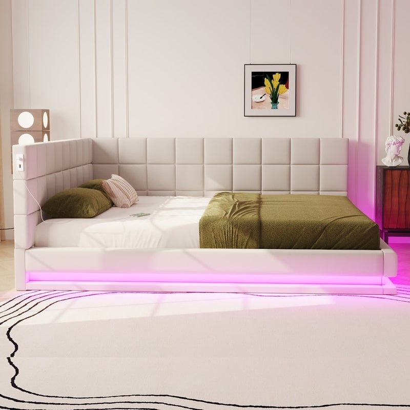 Sofa-łóżko 160 x 200 cm, z listwą LED, wtyczką USB i sprężynami, z beżowego aksamitu.