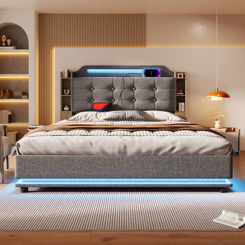 Podwójne łóżko tapicerowane 140 x 200 cm, z paskiem LED, hydraulicznym systemem przechowywania, schowkami, portami USB + Type-C, tkanina lniana, szare