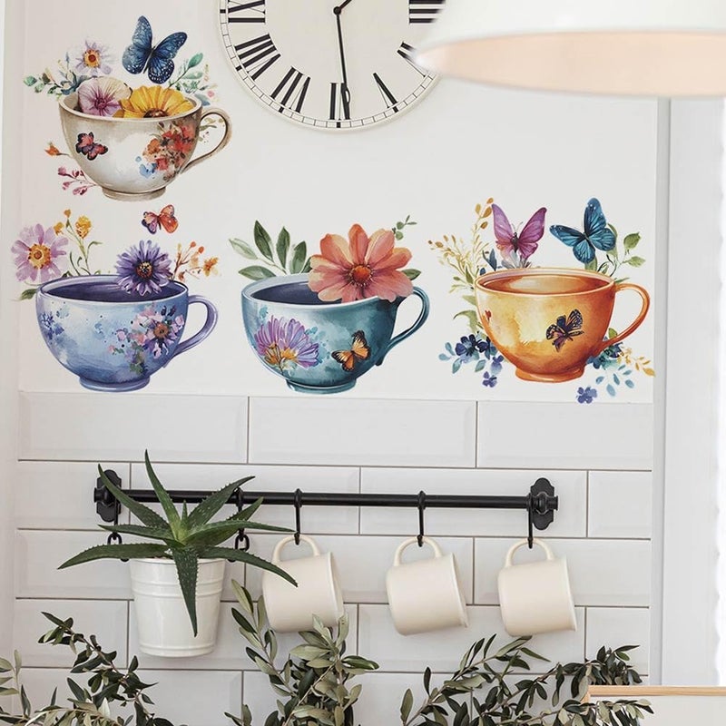 Naklejka ścienna z motywem kwiatów akwarelowych w kształcie filiżanki do herbaty, zdejmowana naklejka ścienna DIY do sypialni, salonu, biura