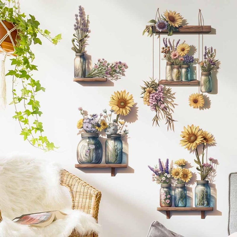 Naklejka ścienna w stylu boho ze słonecznikiem w doniczce, naklejka ścienna w stylu vintage z wazonem i kwiatem, wystrój domu