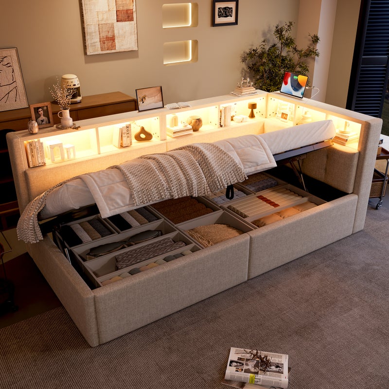 Łóżko tapicerowane 90 x 200 cm z zagłówkiem i otwartymi przegródkami - Tkanina lniana - Diody LED - Beżowe (materac nie jest wliczony w cenę)