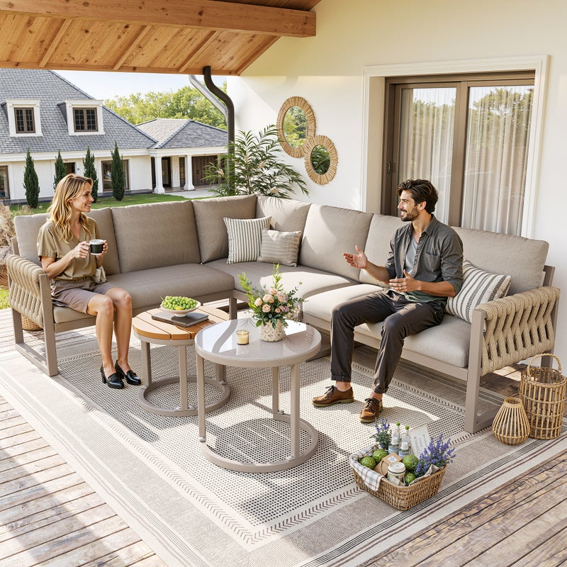 Zestaw mebli ogrodowych metalowych modułowych 6-osobowych: 3 sofy dwuosobowe + składane stoliki kawowe - Beżowy