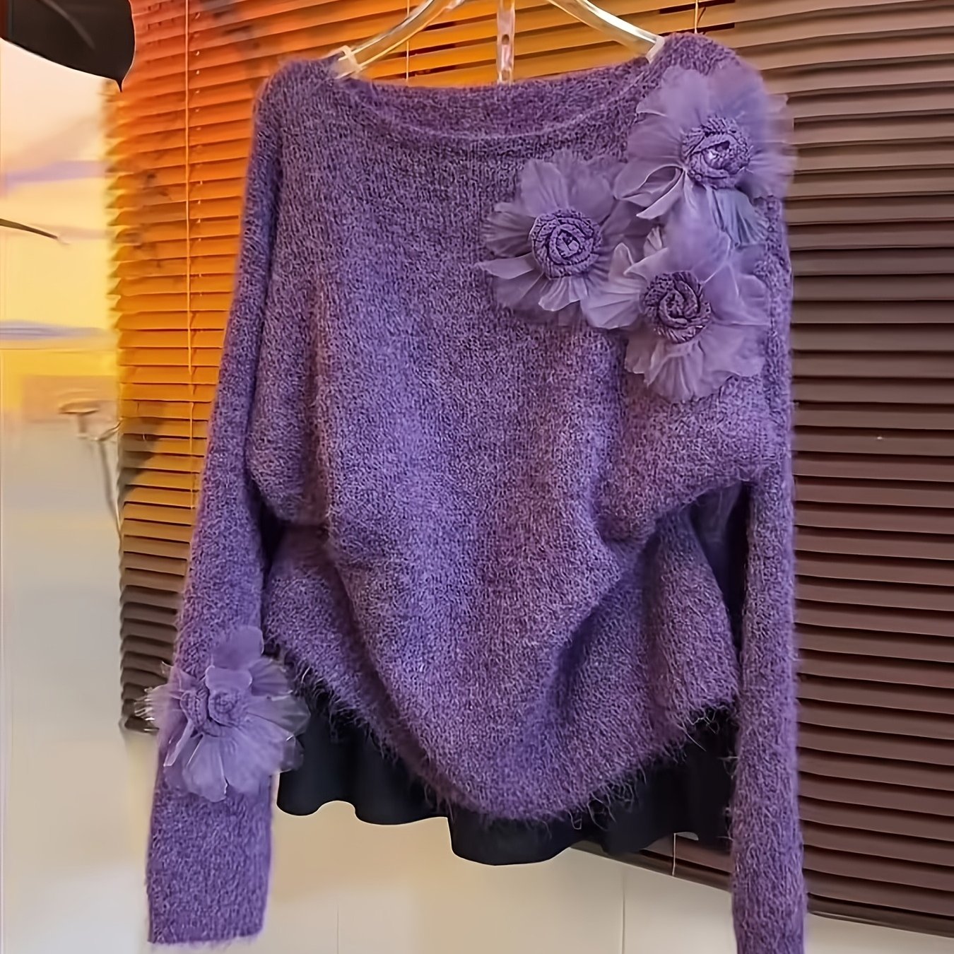 TEMU Przytulny i Elegancki Sweter Oversize z Grubszą, Luźną Kratą Kolekcja Zimowa 2025 Damska Bluzka Dzianinowa z Kwiatowym Wzorem i Okrągłym