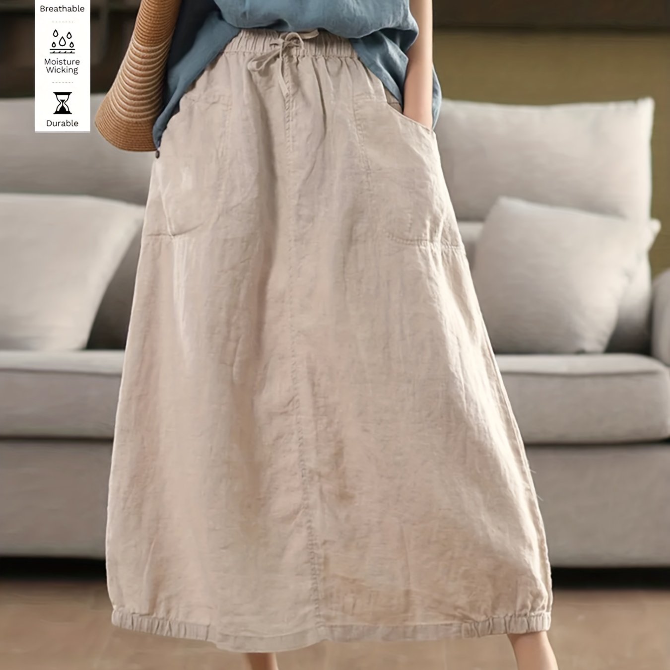 TEMU Elegancka Spódnica Damska w Jednolitym Kolorze, 100% Len, Wiosna/, Casual na Wakacje