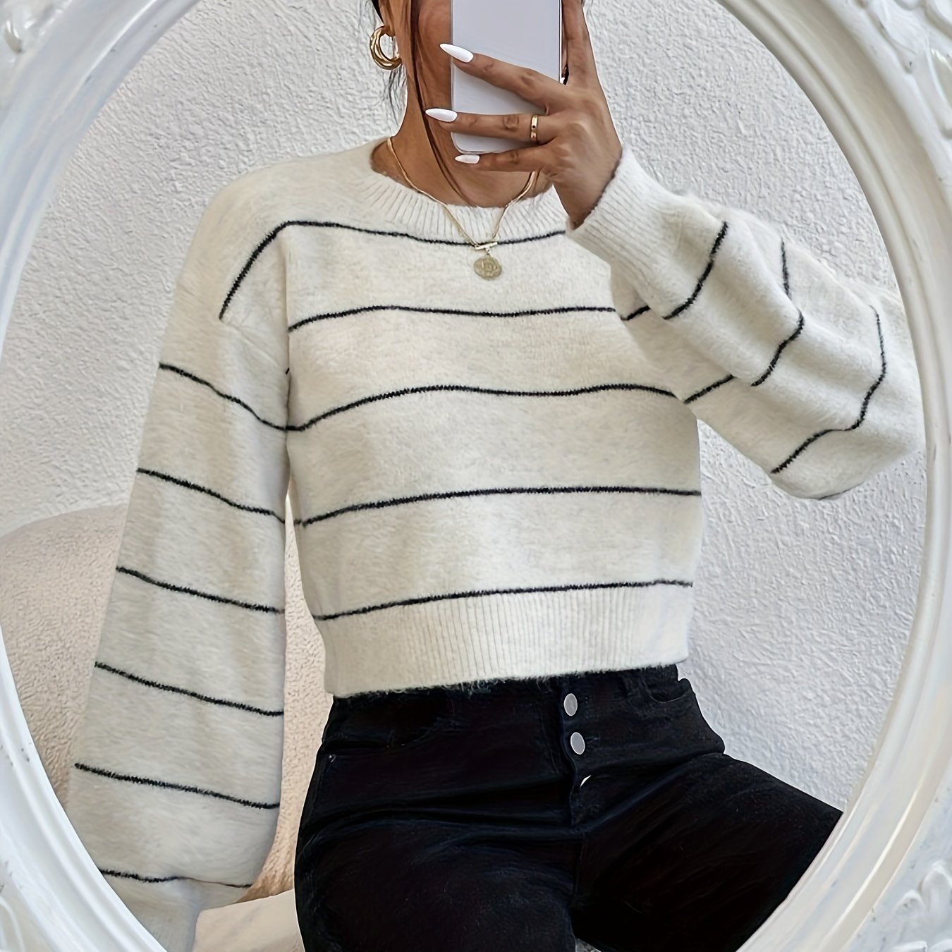 TEMU Damski Sweter Z Długim Rękawem, Paski, Oversize, Krótki, Casual, Na Jesień i Zimę, Moda Dojazdowa