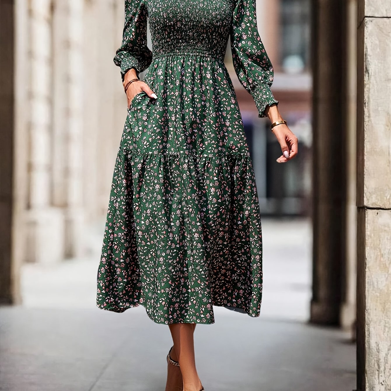 TEMU Sukienka z rękawami w kształcie lampionu w kwiaty w stylu wakacyjnym z falbanką