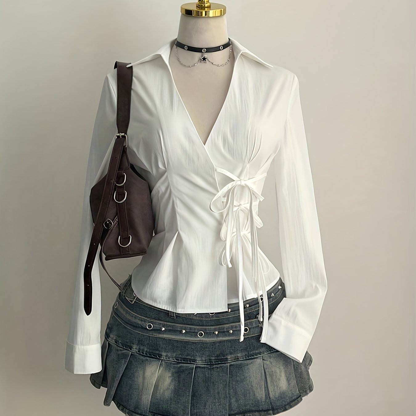 TEMU Elegancka Koszula Damska, Modna Seksowna Bluzka z Kołnierzykiem i Wiązaniem z Boku, Dopasowana z Długim Rękawem