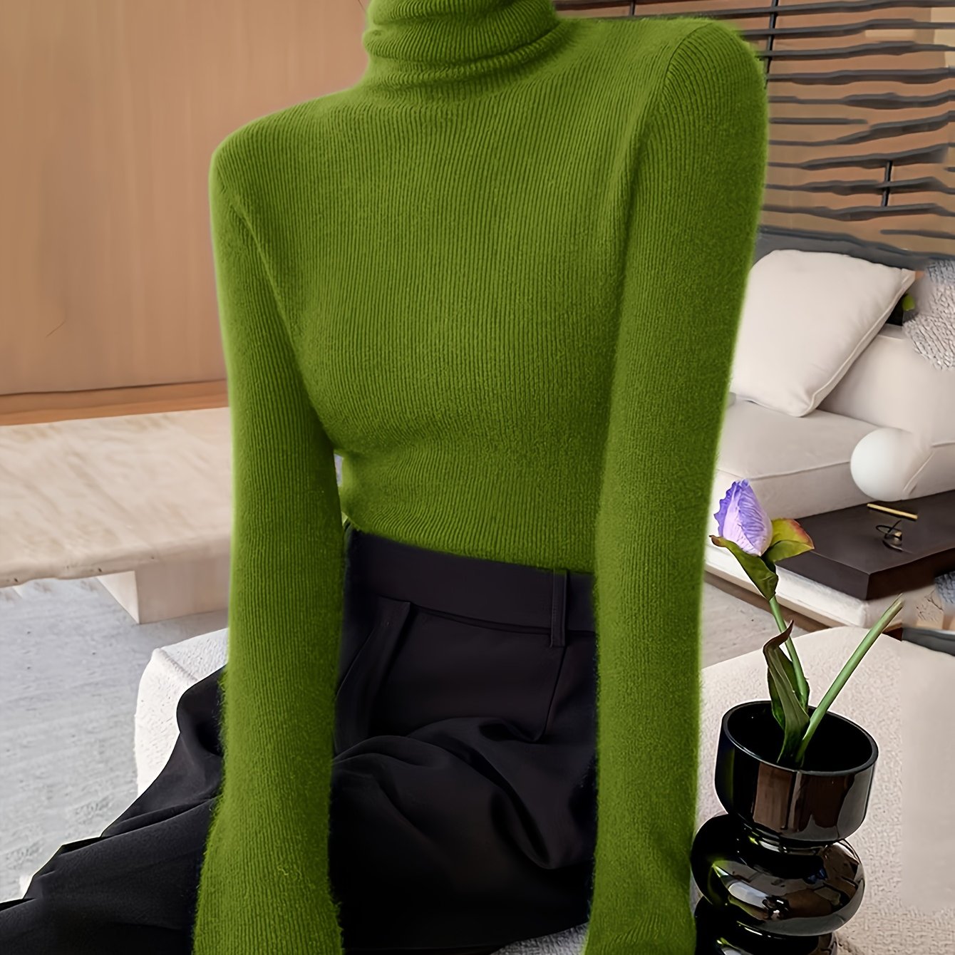 TEMU Nowy Sweter z Wysokim Kołnierzem na Jesień-Zimę dla Kobiet, Elegancka Warstwa Bazowa z Nakładanym Kołnierzem