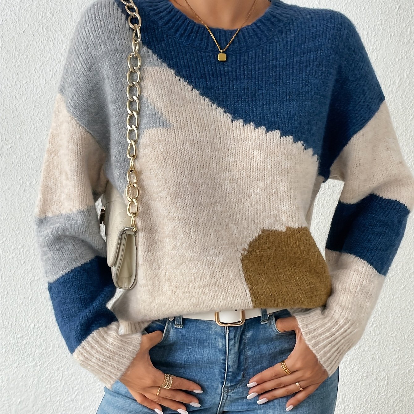 TEMU Elegancki Damski Sweter z Długim Rękawem i Okrągłym Dekoltem, Patchworkowy Jesienno-Zimowy Casualowy Pulower w Blokach Kolorów