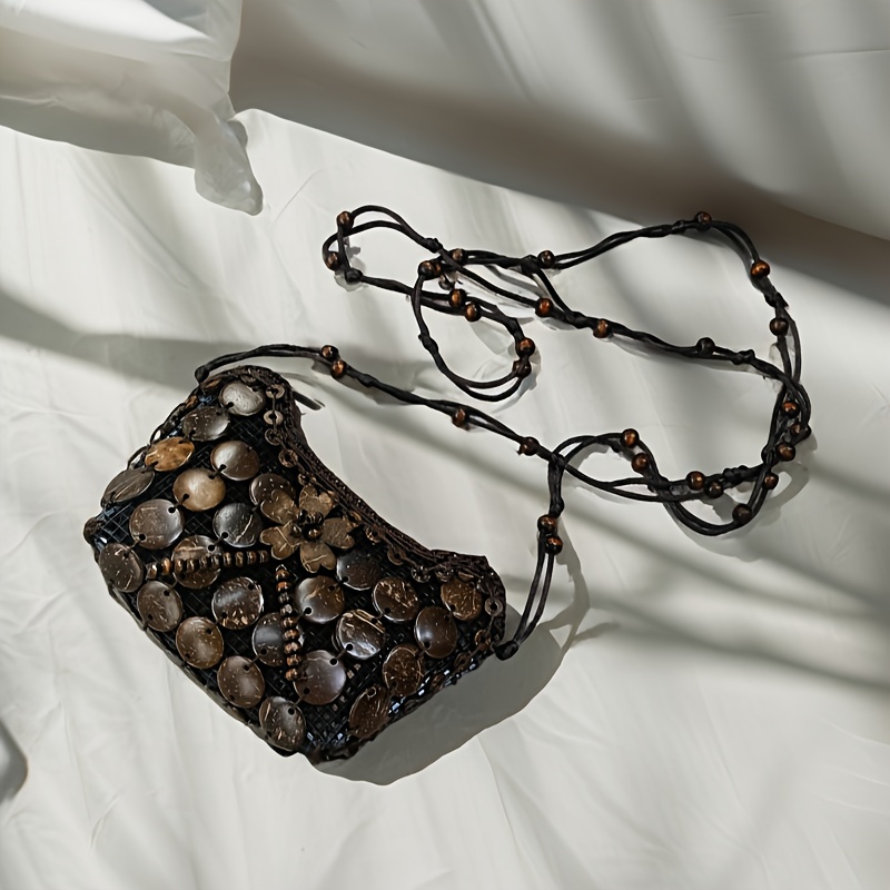 TEMU Nowy Styl Unikalna Damska Torebka w Stylu Boho, Etniczna Torebka Crossbody, Ręcznie Robiony Portfel w Stylu Vintage z Tkanej Muszli Kokosowej.