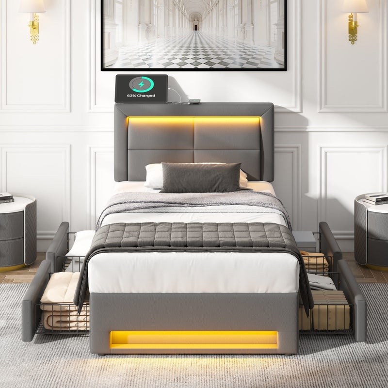 Łóżko tapicerowane 90 x 200 cm z portami USB, oświetleniem LED i czterema szufladami, kolor szary