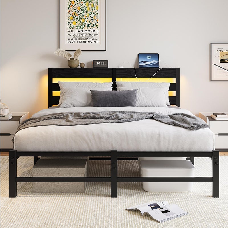 Łóżko dla dorosłych z oświetleniem LED i stacją ładującą USB, metalowa konstrukcja, materac nie wchodzi w skład zestawu, kolor czarny – 140 x 200 cm