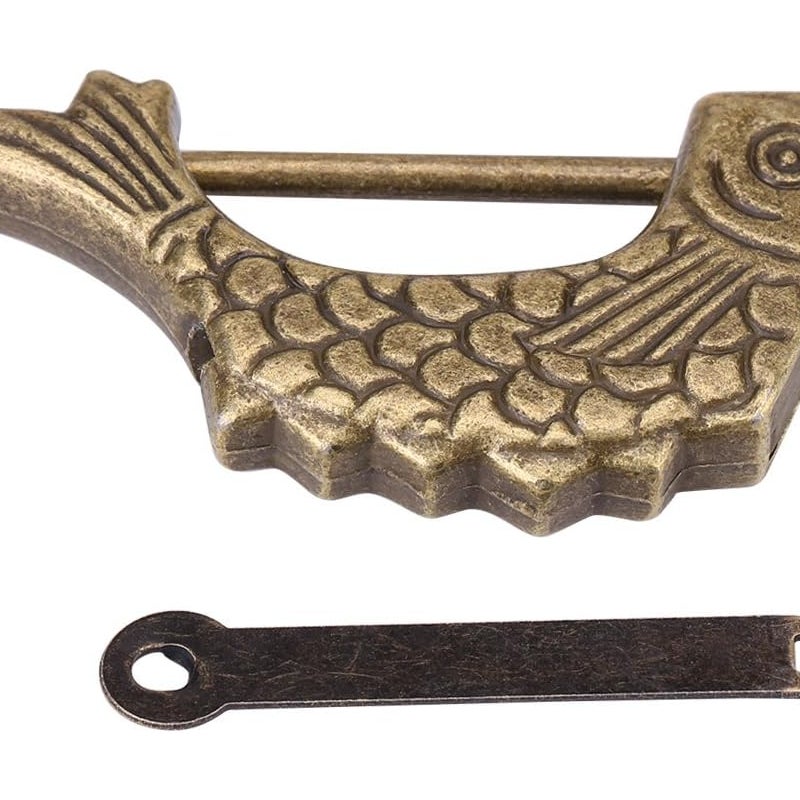 Metalowa kłódka w kształcie ryby, styl antycznego brązu, styl starożytnych Chin, z kluczykiem, do szuflady lub szkatułki na biżuterię, 59 × 31 mm