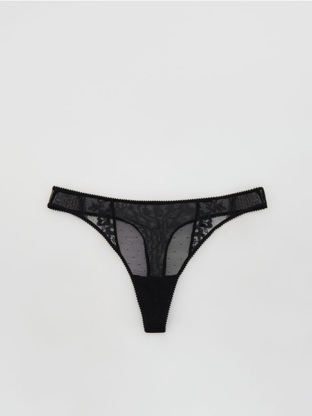 Reserved - Majtki stringi z haftem - czarny