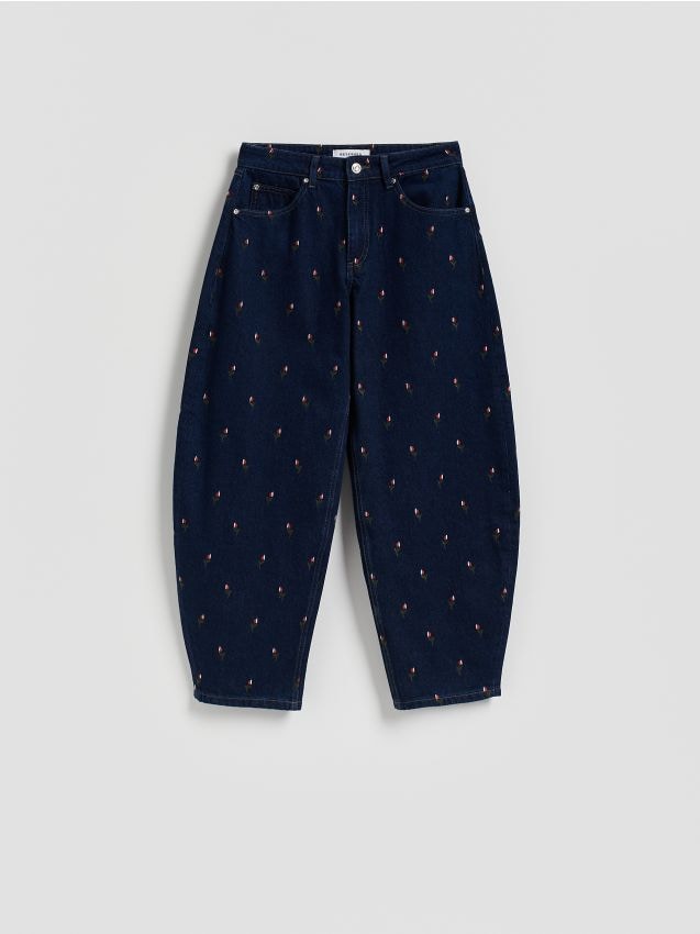 Reserved - Jeansy barrel leg z haftem - granatowy