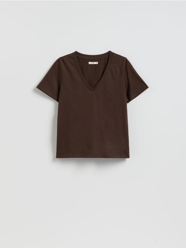 Reserved - T-shirt regular z dekoltem V - ciemnobrązowy