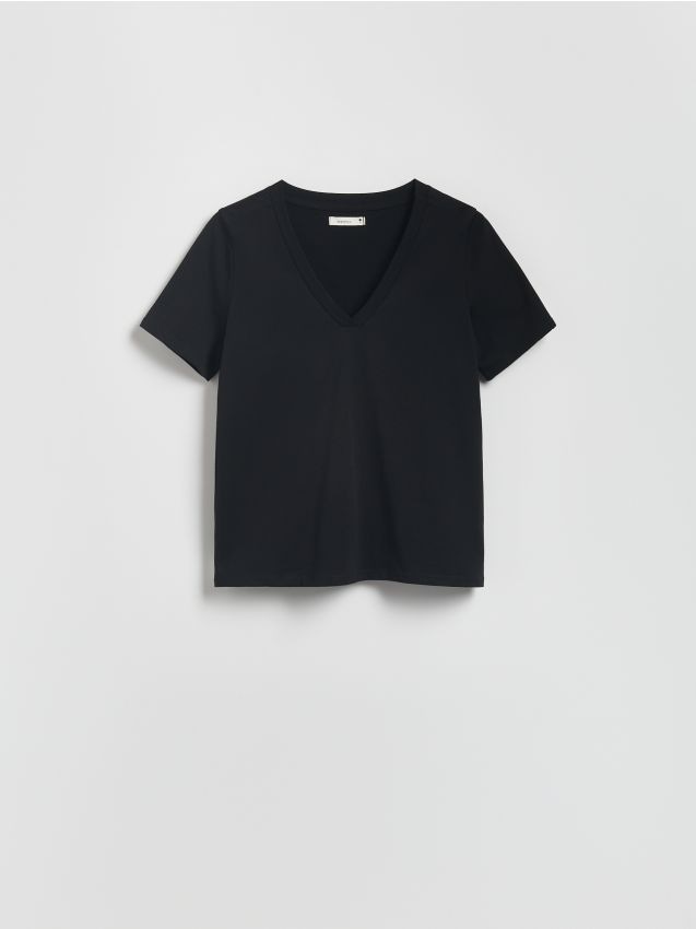 Reserved - T-shirt regular z dekoltem V - czarny