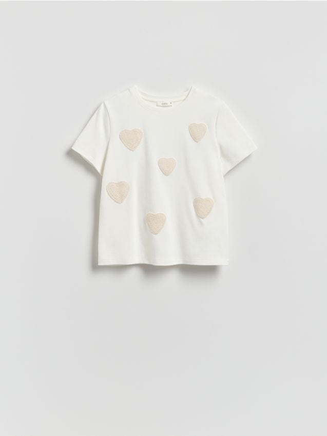 Reserved - T-shirt z haftowaną aplikacją - złamana biel